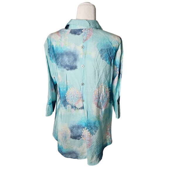 Shana Size Medium Fairy Tale Trees Button Up Aqua Blue Long Sleeve Coastal Shirt - Picture 4 of 12